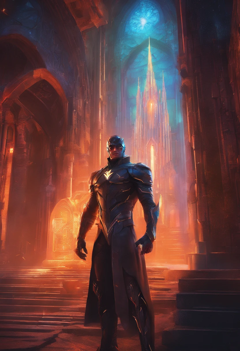 DC's dark portrait of Evil Flash with intricate angular cybernetic implants inside a brutalist building, Gothic brutalist cathedral, Cyberpunk, foto premiada, Bokeh, neon lights, cybernetic limb