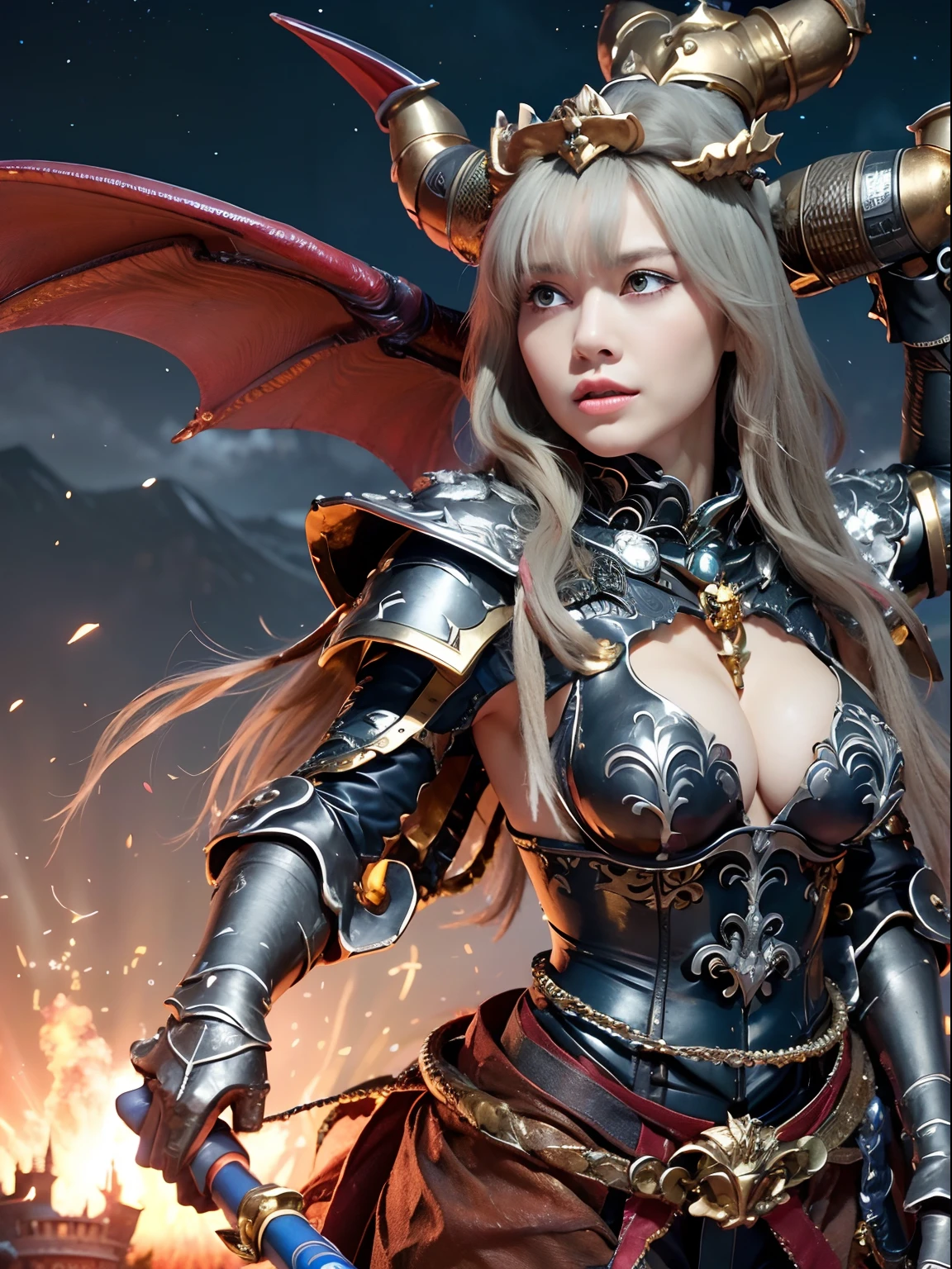 Professional , masterpiece、top-quality、photos realistic , depth of fields 、(Dragon Black Metal Body:1.9),(Matte Blue Silver、(Night World)、(cleavage of the breast)、Dragon Gold Weapon、(Micro Bikini Armor:1.4),Mystical expression、Gorgeous gold weapons ,(Fight dragons)、Seductive look、(( Dragon's dense and gorgeous sword)) , (demonic wings) ,Detail and gorgeous crown、((a blond))、(Castle background)、((Gangle's forest background))、Beautiful Caucasian beauty、1a person、dynamic ungle,(((Detailed and ornate dragon helmet)))、Smaller head、A smile、Castle background、Thin and beautiful female hands、cleavage of the breast、Soldier in iron armor on background、Mystical expression、Light Effects、intense fighting、Wind-effect、magic circles、With the legendary magic wand、Dragon's tail、fight、