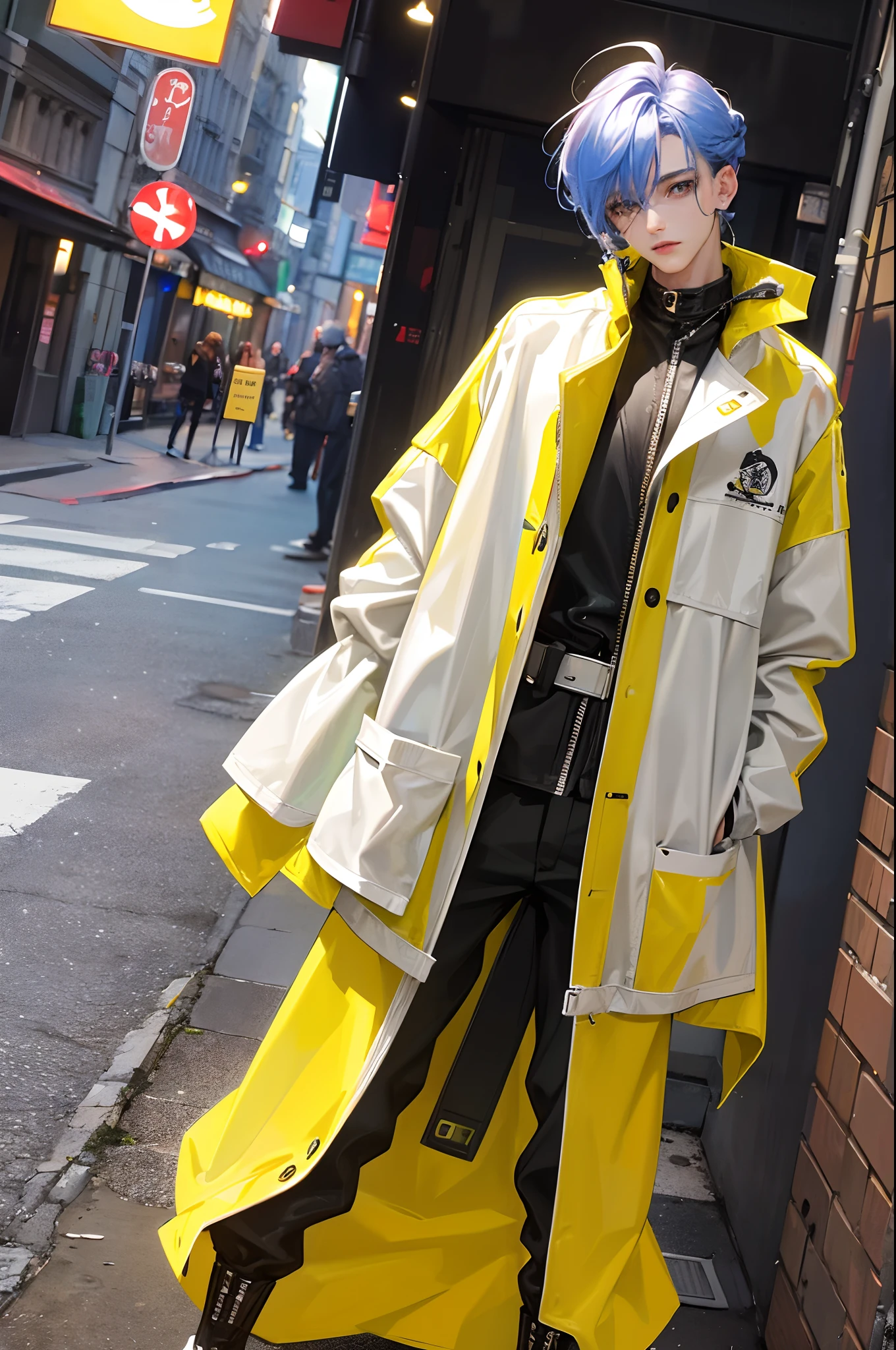 topquality　tmasterpiece, handsome young guy, Unusual hairstyle, Colored hair, in fashionable streetwear, Modern fashion, oversize clothes, Cool look, Unusual viewing angle, Dynamic posture, in full height, Background: Beautiful streets of the city, Realistic beautiful lighting