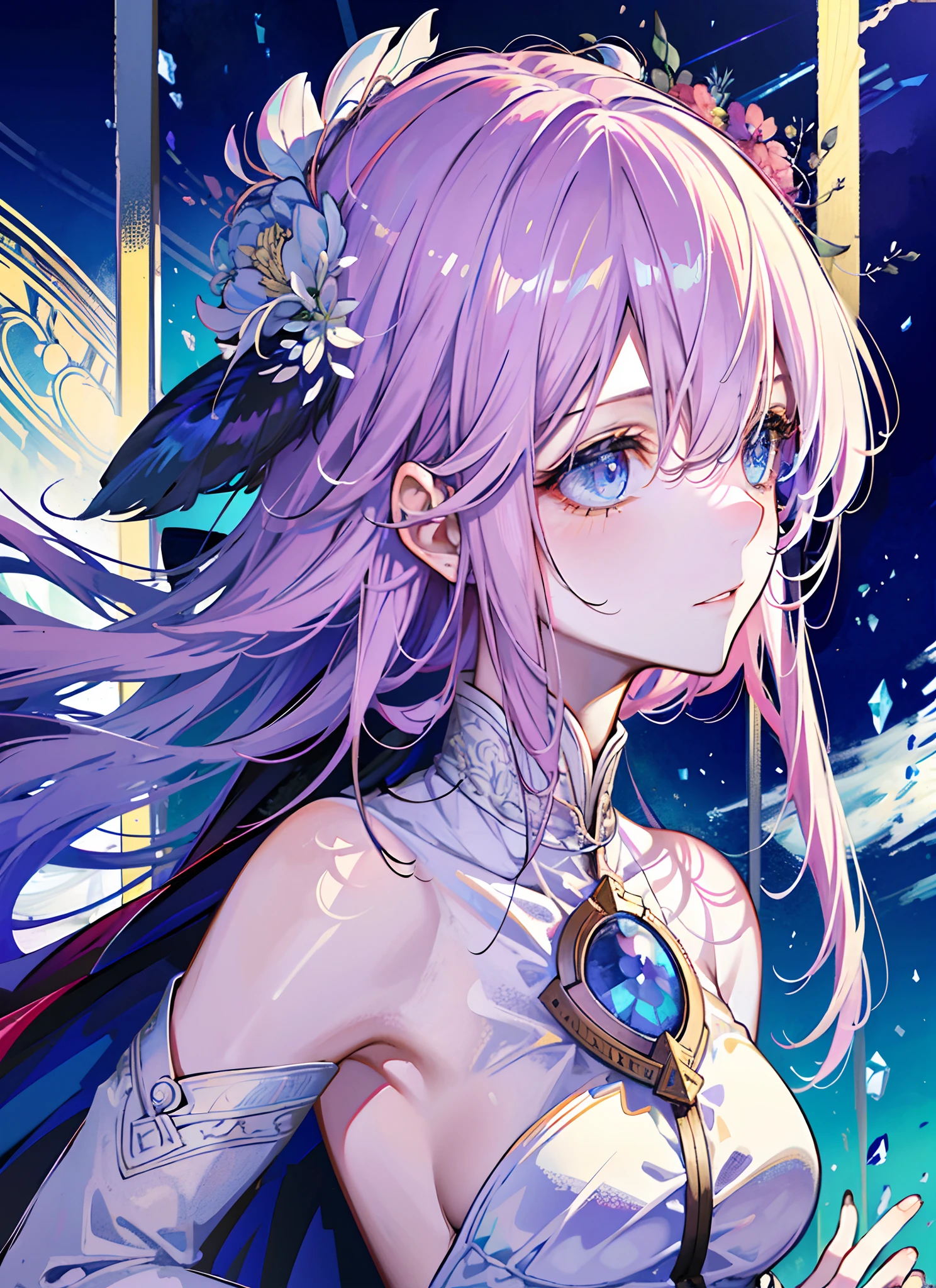 full bodyesbian,tmasterpiece,Best quality at best,offcial art,Very detailed CG 8k wallpaper,(flying petal)(detailed ice),The crystal texture of the skin,Grim expression,(fox ear),whaite hair,long whitr hair,messy hair,eBlue eyes,Medium breasts,looking at viewert,Very fine and beautiful,Eau,(Beautiful detailed eyes),highly detailed,电影灯光,(beauitful face),fine water surface,(original figure painting),ultra - detailed,incredibily detailed,(Very fine and beautiful),Beautiful detailed eyes,(Best quality at best)