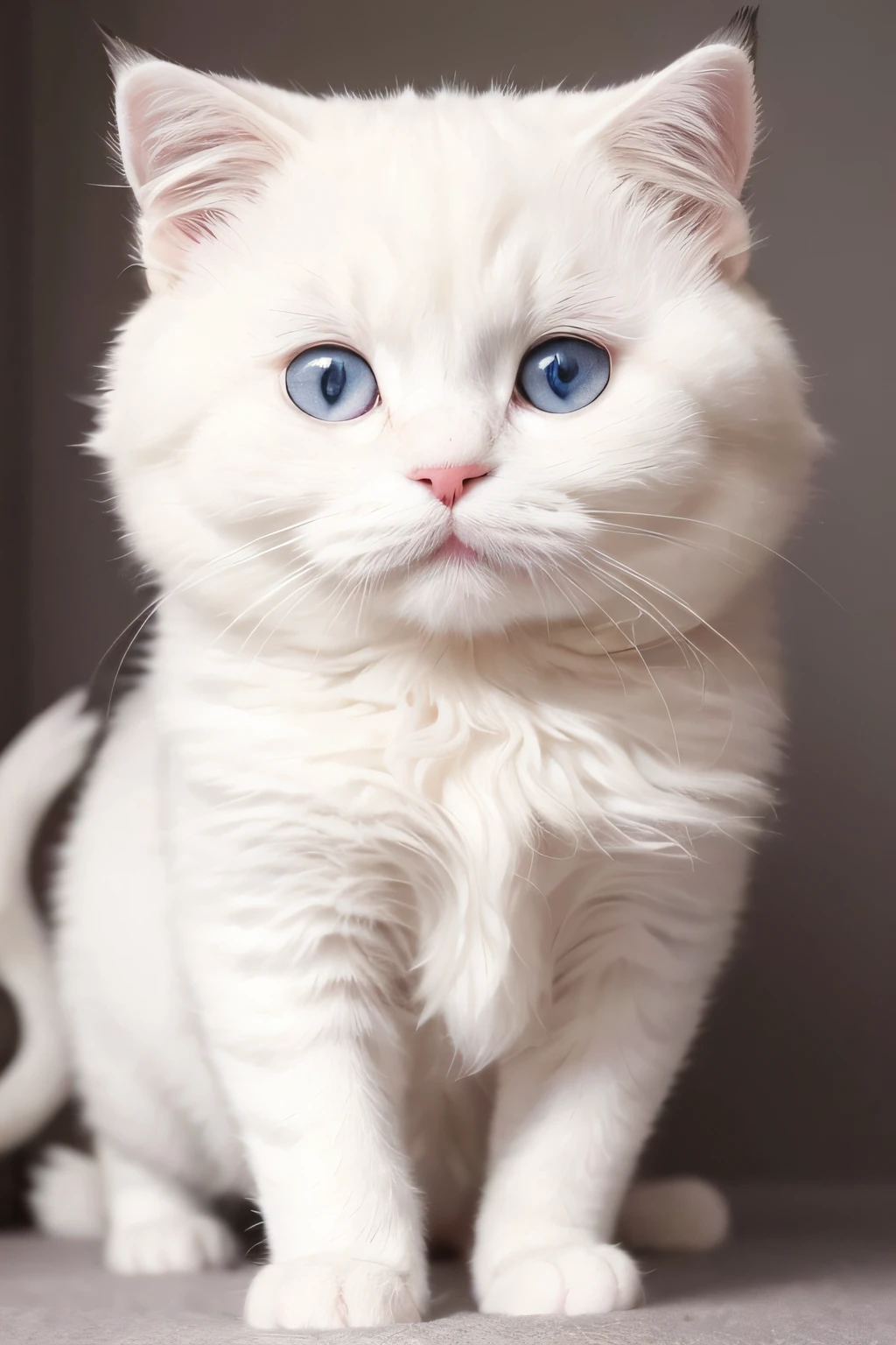 1Cats、Broken ears、There is a standing cat facing the front, fluffy face、Soft gentle face, Looking at the camera, soft and fluffy, Beautiful fece, Scottish Fold, Fur covering the chest, fluffy body, Coat color is white and light gray、calico cat