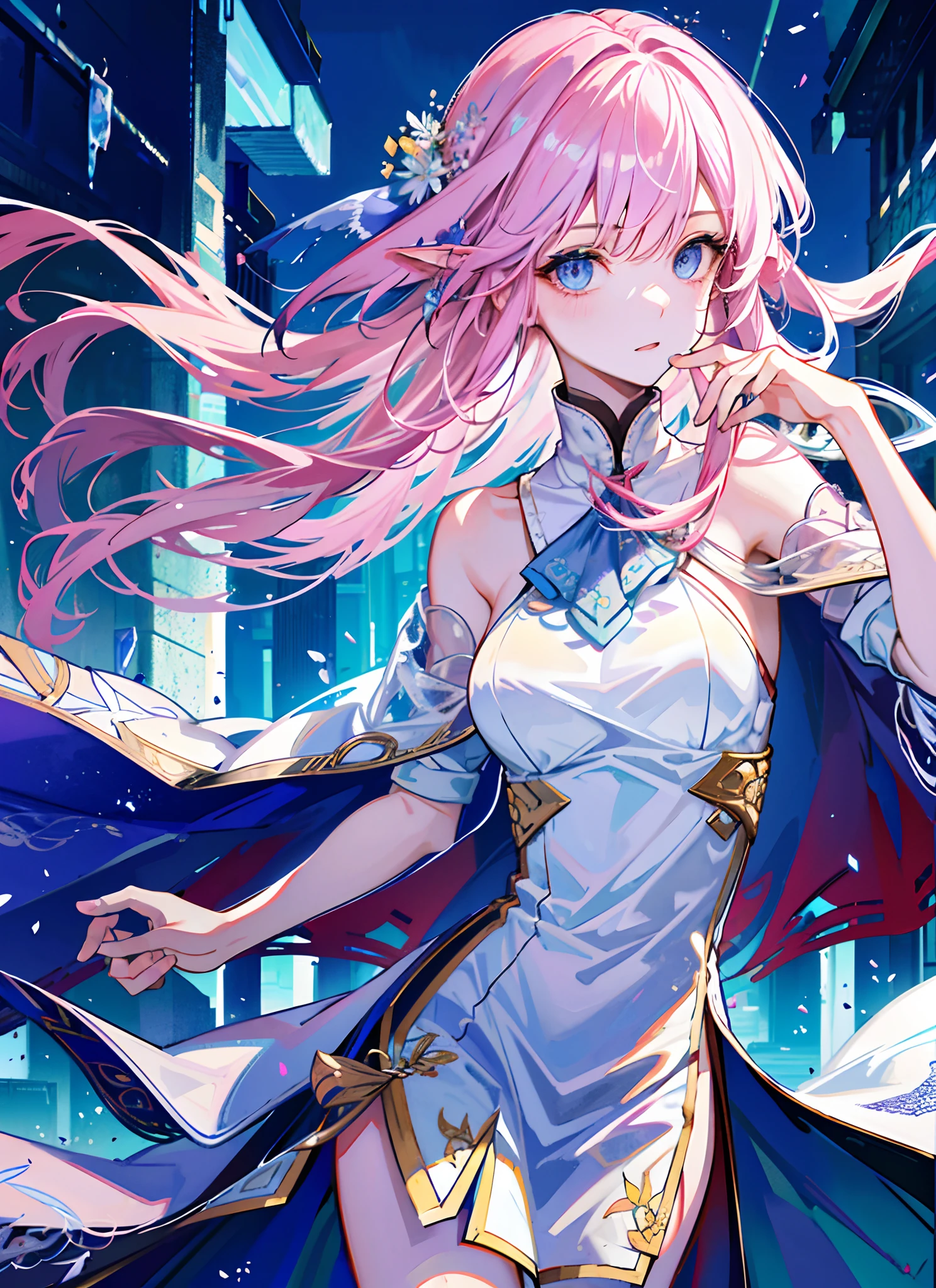 full bodyesbian，tmasterpiece，Best quality at best，offcial art，Very detailed CG 8k wallpaper，(flying petal)(detailed ice)，The crystal texture of the skin，Grim expression，(fox ear)，whaite hair，long whitr hair，messy  hair，eBlue eyes，Medium breasts，looking at viewert，Very fine and beautiful，Eau，(Beautiful detailed eyes)，highly  detailed，电影灯光，(beauitful face)，fine water surface，(original figure painting)，ultra - detailed，incredibily detailed，(Very fine and beautiful)，Beautiful detailed eyes，(Best quality at best)