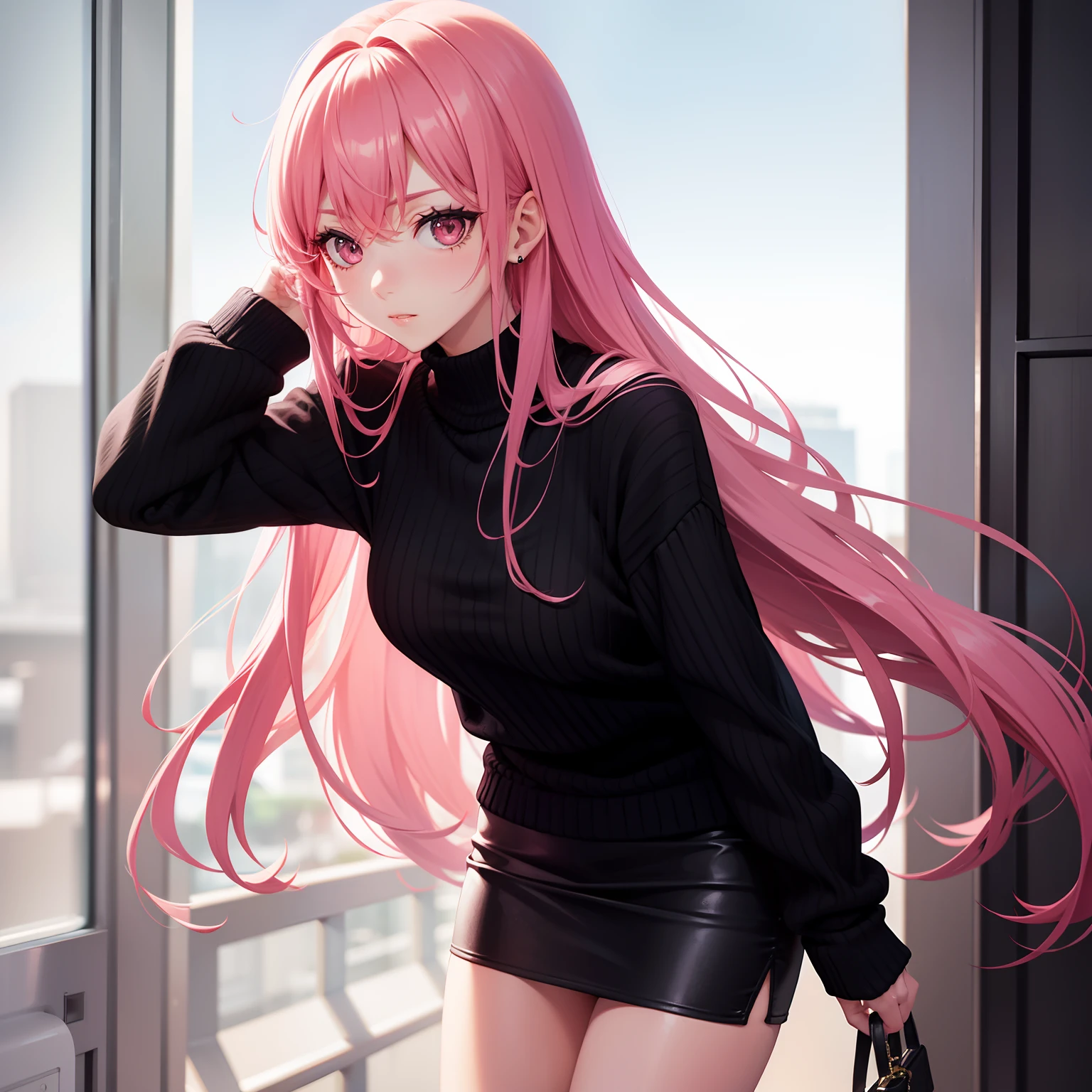 Leader of Runaway Bad Girl, Long Black Jumper, a cool、a miniskirt, Long pink hair, Looking at the viewer, Front view,