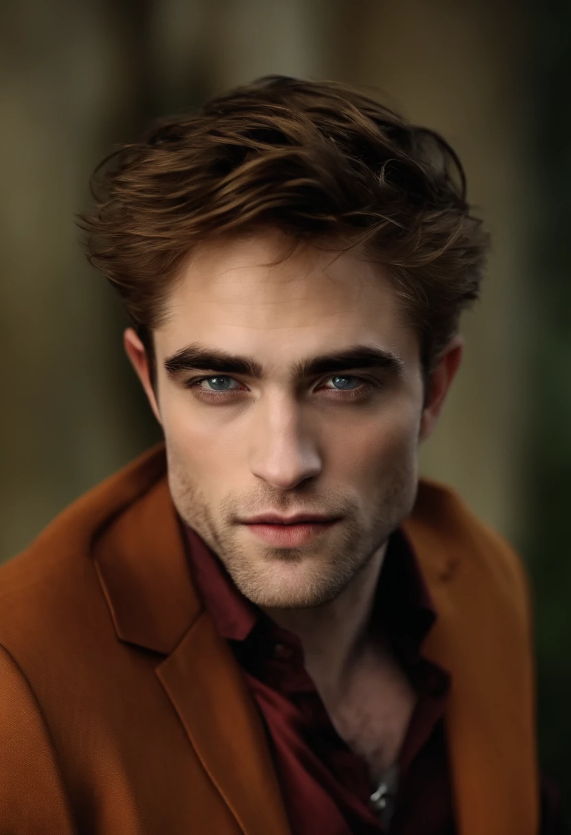 robert pattinson, Um jovem, com dentes de vampiro, pele muito branca, olhos brancos, com roupa de vampiro e asas de morcego posando sem camisa em um fundo de castelo
