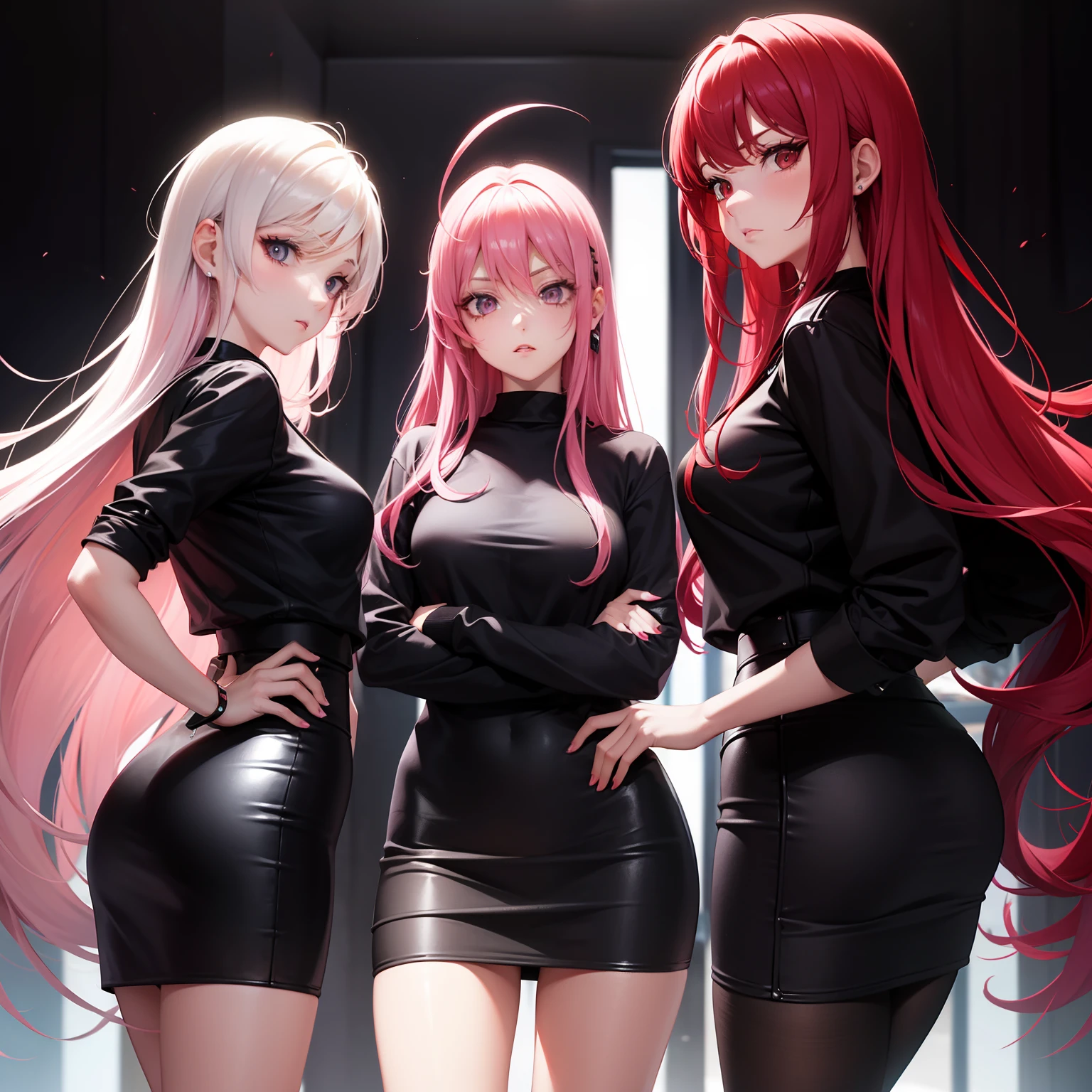 Leader of Runaway Bad Girl, Long Black Jumper, a cool、a miniskirt, Long pink hair, Looking at the viewer, Front view,