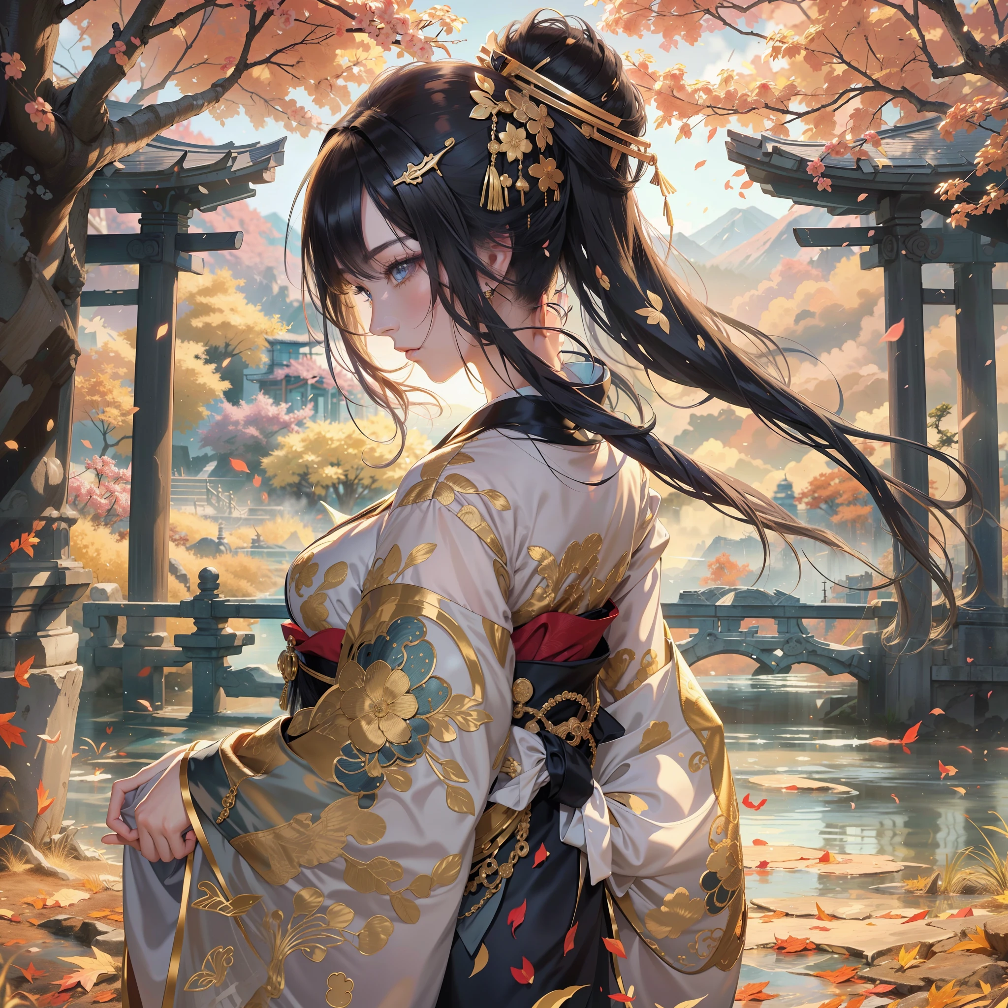 Season autumnal、watching at viewers、Ancient capital and moon in the background、poneyTail、Woman with shiny black hair、{{{Luxury kimono(Black kimono(Detailed golden embroidery,))}}}、face perfect,Depict a beautiful and graceful woman of Japan。Heart in the eye。full body Esbian。 Beautiful anime art wallpaper 8k, beautiful fantasy anime, Beautiful anime, Detailed anime artwork.Blur the background with a sickle,((masutepiece)), ((Best Quality))