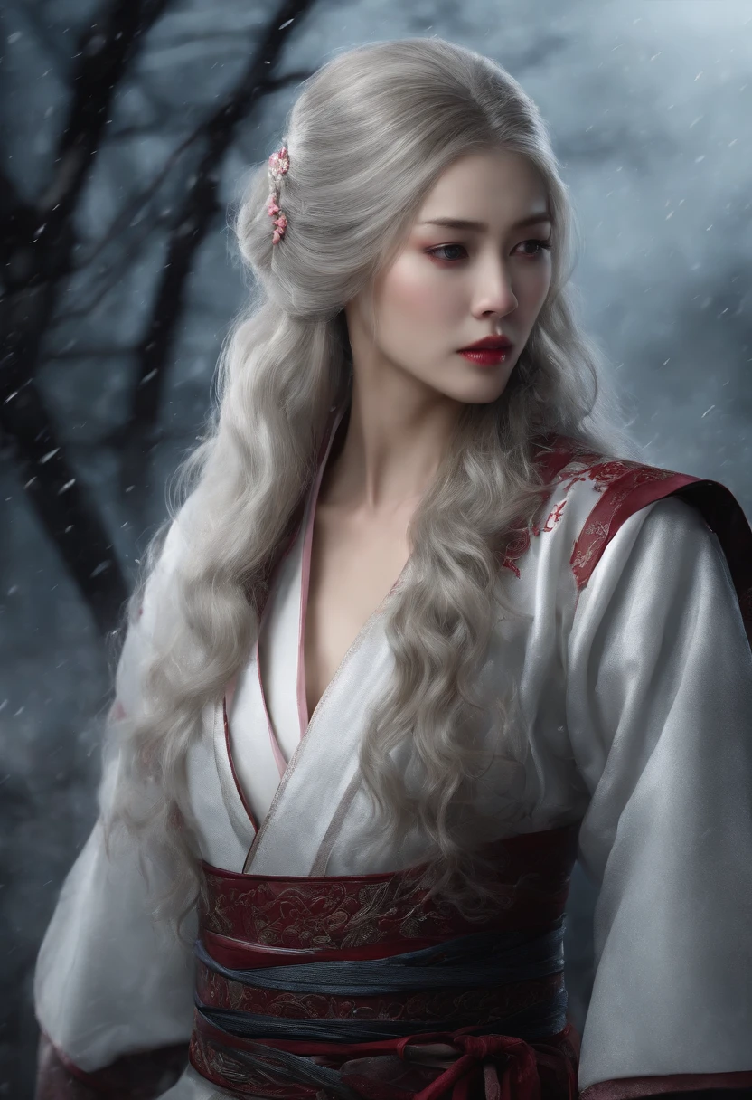 Masterpiece, best quality, night, outdoors, rainy days, branches, Chinese style, ancient China, 1 woman, mature woman, silver white long haired woman, gray blue eyes, light pink lips, cold, serious, weak, bangs, assassins, short knives, white clothes, black clothing patterns, blood stains, blood, injuries, blood on the face, blood on the clothes, rain, fine face, fine face,