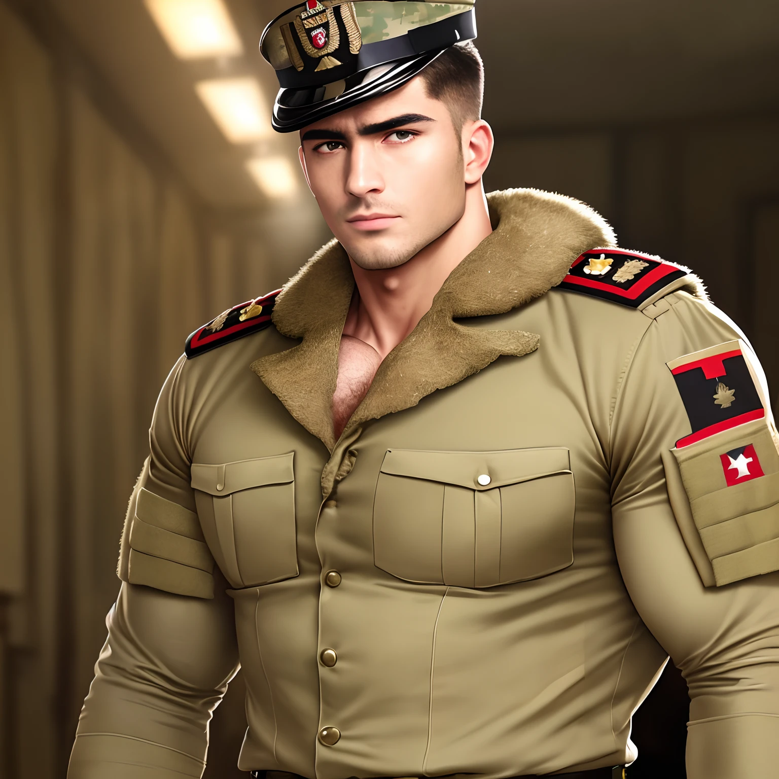 masterpiece, best quality, male focus, (((man with army military uniform))), large pectorals, puffy , muscular male, abs, looking at viewer,   shiny skin, detailed eyes, detailed face, realistic eyes, realistic face, (furry chest), well groomed wavy army style light brown hair,  bedroom, sweaty, sweat, steam, mist, large ,