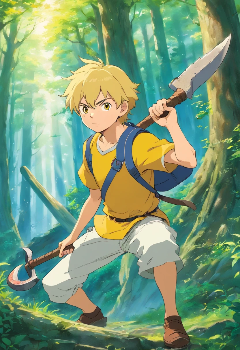 A yellow-haired guy using a cursed anime axe, um Machado com fitas smarradas, no estilo de paisagens de guerra de feiticeiros jujutsu, animated color photos, Kento nanami, loiro de oculos, gege akutami, Estilo Embry, retrato honesto