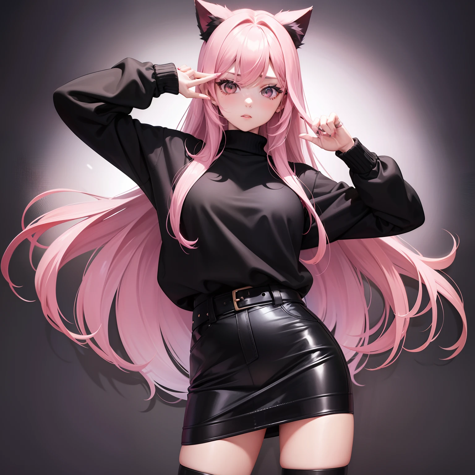 Leader of Runaway Bad Girl, Long Black Jumper, a cool、a miniskirt, Long pink hair, Looking at the viewer, Front view,