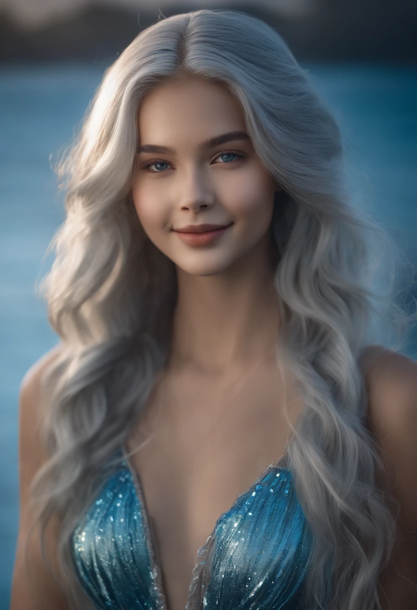 Shiotsu people，atlantean，teens girl，Silver-gray gradient - waist-length hair，Gentility，Smile，water blue