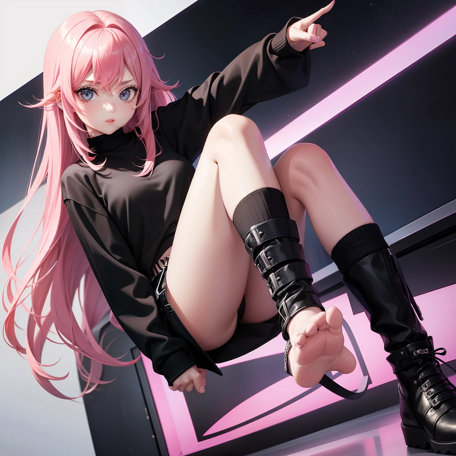 Leader of Runaway Bad Girl, Long Black Jumper, a cool、a miniskirt, Long pink hair, Looking at the viewer, Front view,
