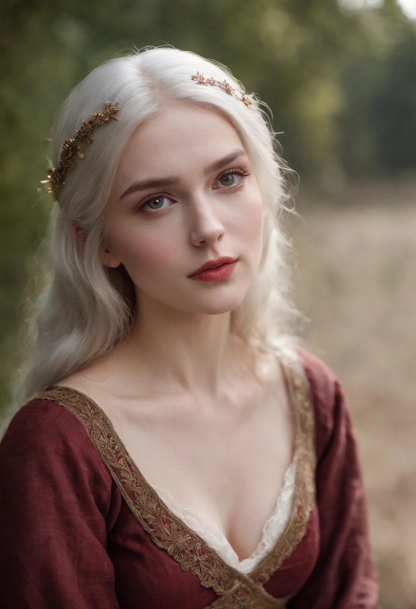 (((a deep reddish wound crosses her left cheek))) fair complexion, woman around 19 years old, natural white hair, distinctive green eyes, wearing kohl, slender and graceful, beautiful, candlelight in a medieval  setting, ultra sharp focus, realistic shot, medieval female clothes, tetradic colors (scar:1.4) showing brests pink boobs standing naked