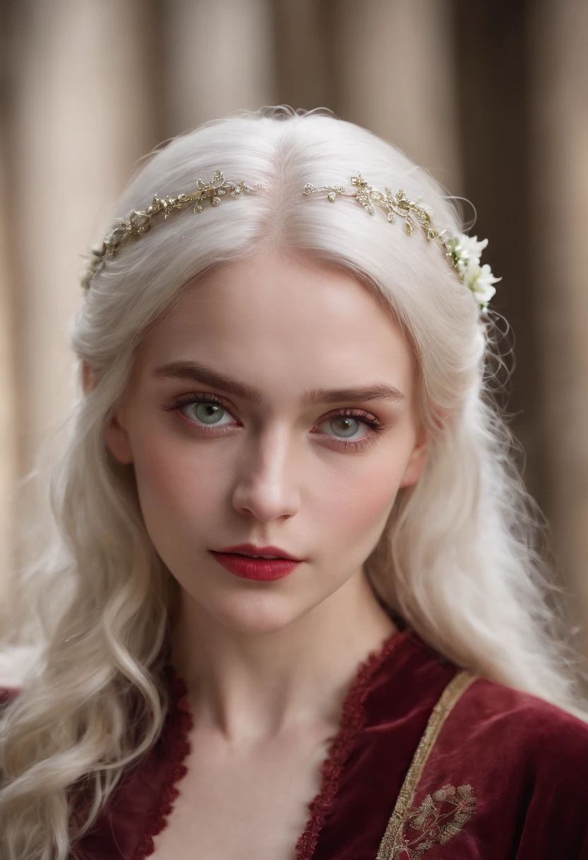 (((a deep reddish wound crosses her left cheek))) fair complexion, woman around 19 years old, natural white hair, distinctive green eyes, wearing kohl, slender and graceful, beautiful, candlelight in a medieval setting, ultra sharp focus, realistic shot, medieval female clothes, tetradic colors (scar:1.4) showing brests pink boobs standing naked
