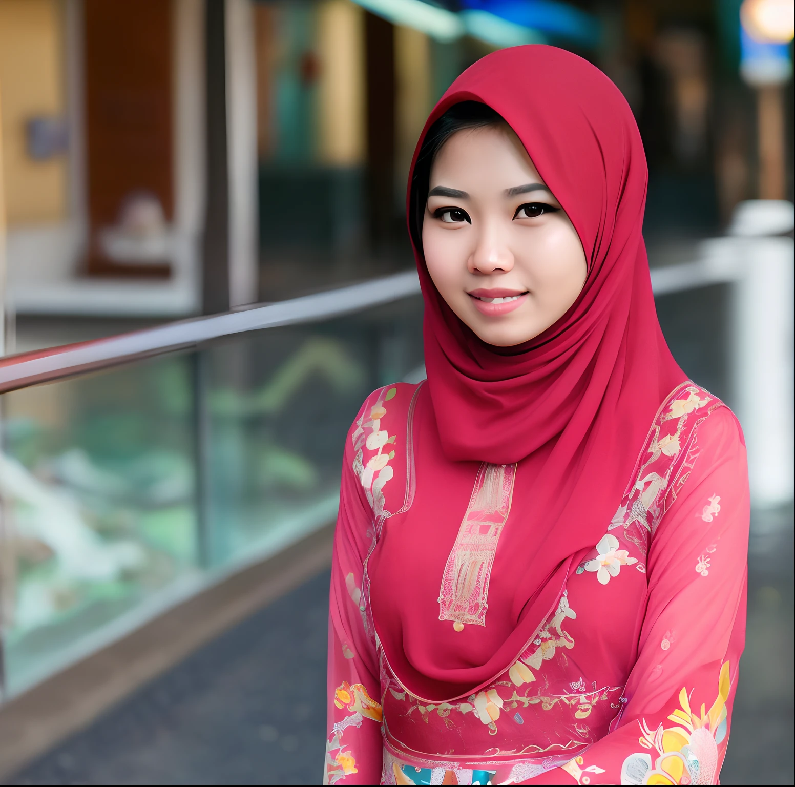 A beautiful Korean woman, smile sweetly, wearing a Muslim hijab, wearing a red robe, standing in the mall