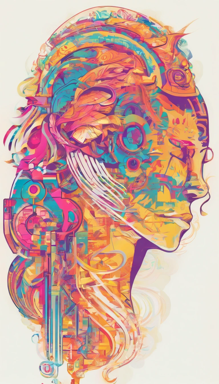 (White background:1.4),(Silhouette of a girl's head, Eyes closed, colorfull long hair, Oriental elements)，(Chinese illustration:1.3，paper art:1.3, Quilted paper art:1.2),( reasonable design, Clear lines, High sharpness,Best quality, Very detailed, Masterpiece, movie light effect, 4K ) ,Brown eyes