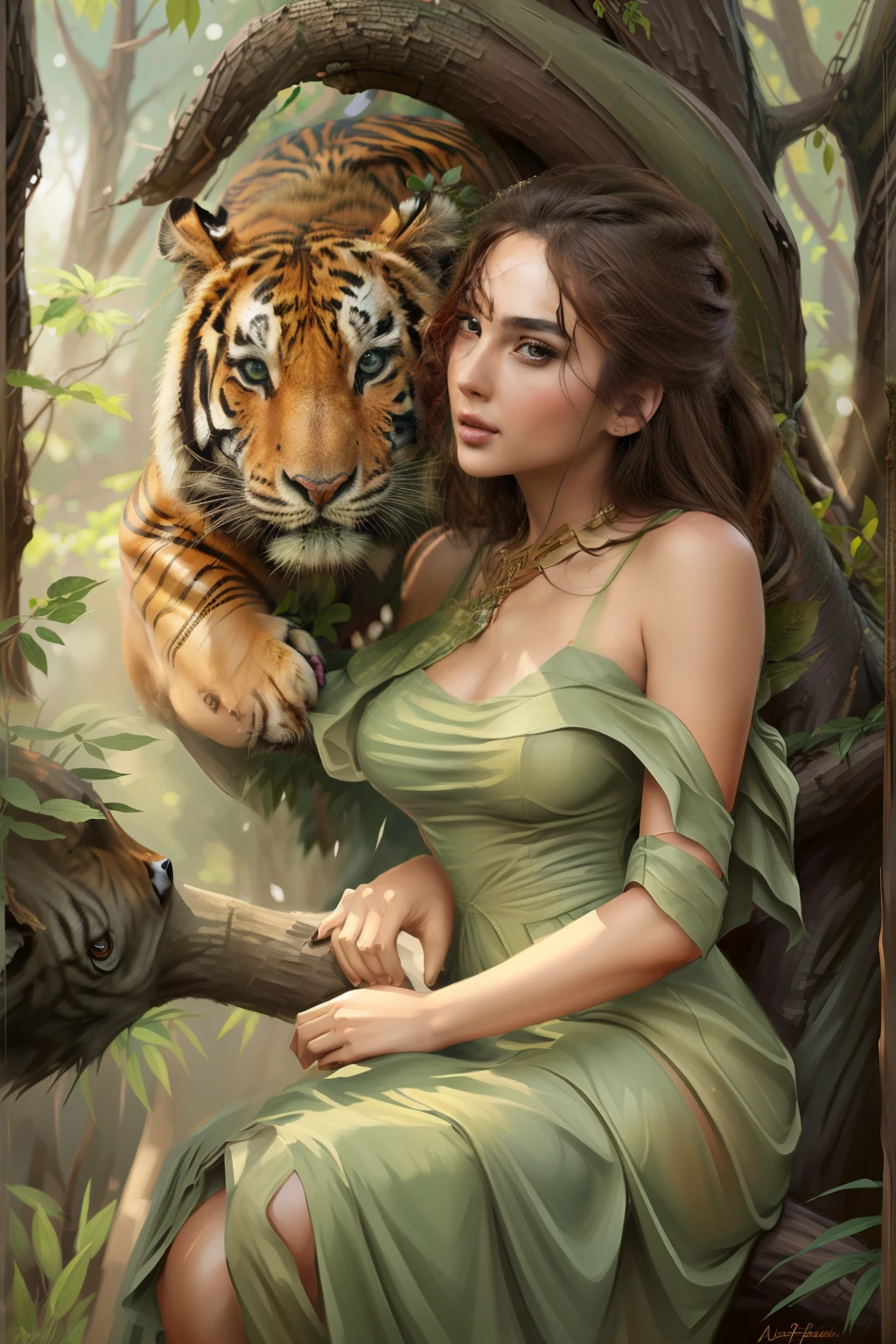 Picture of a beautiful woman in a green dress, sitting on a tree branch with a tiger, realistic fantasy illustration, fantasy art style, Anton Fadeev, loish and wlop, fantasy art behance, digital fantasy illustration, stunning digital illustration, detailed painting 4 k, fantasy art portrait, exquisite digital illustration, beautiful digital illustration, realistic fantasy painting, beautiful digital artwork