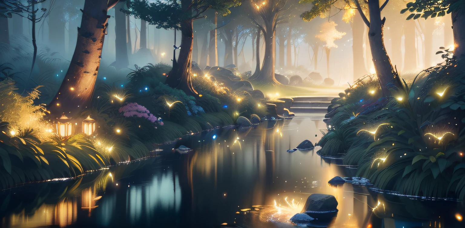 Masterpiece, best quality, (very detailed CG unity 8k wallpaper), (best quality), (best illustration), (best shadows), glow sprite, with a glowing deer, in the swimming pool Drinking water, natural elements in the forest theme. Mysterious forest, beautiful forest, nature, surrounded by flowers, delicate leaves and branches surrounded by fireflies (natural elements), (jungle theme), (leaves), (twigs), (fireflies), (particle effects) etc. 3D , Octane rendering, ray tracing, super detailed