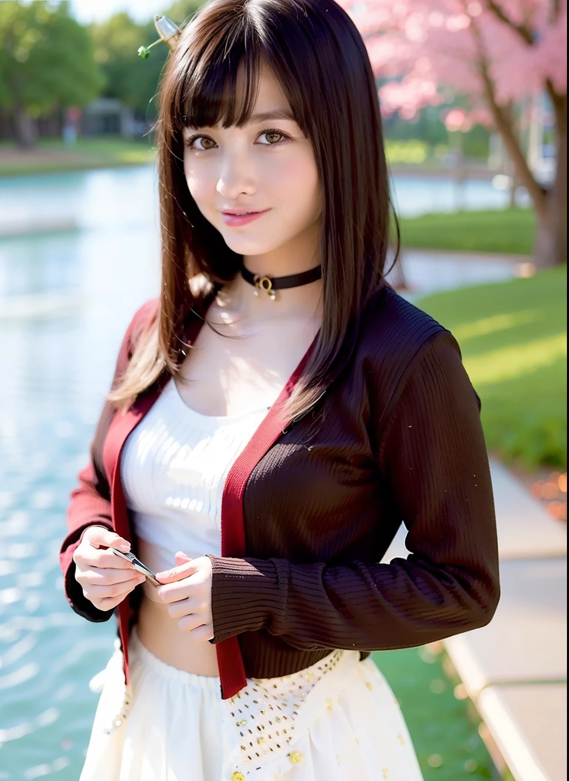 (realistic:1.4), best quality, ultra high res, 
4k, instagram,higly detailed,
(cardigan: 1.5), plated skirt,
bangs,smile,
at the lake park, cherry blossom,
virtualgirl-rin,
 small breasta,bob hair, short hair,brown hair, brown eyes, black choker,