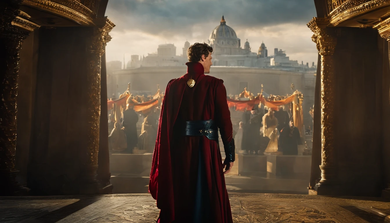 Benedict Cumberbatch is Doctor Strange on a crown and a crown on his head, Doctor Strange as the new King of Great Britain, Doutor Estranho vestindo um manto real, com cetro e coroa, Doutor Estranho usando uma coroa e terno, Deus salve a rainha!!!, vestindo vestes reais vermelhas douradas, monarquia, vestindo longo manto real, realeza enfeitada e incrustada
