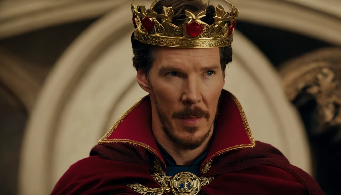 Benedict Cumberbatch is Doctor Strange on a crown and a crown on his head, Doctor Strange as the new King of Great Britain, Doutor Estranho vestindo um manto real, com cetro e coroa, Doutor Estranho usando uma coroa e terno, Deus salve a rainha!!!, vestindo vestes reais vermelhas douradas, monarquia, vestindo longo manto real, realeza enfeitada e incrustada