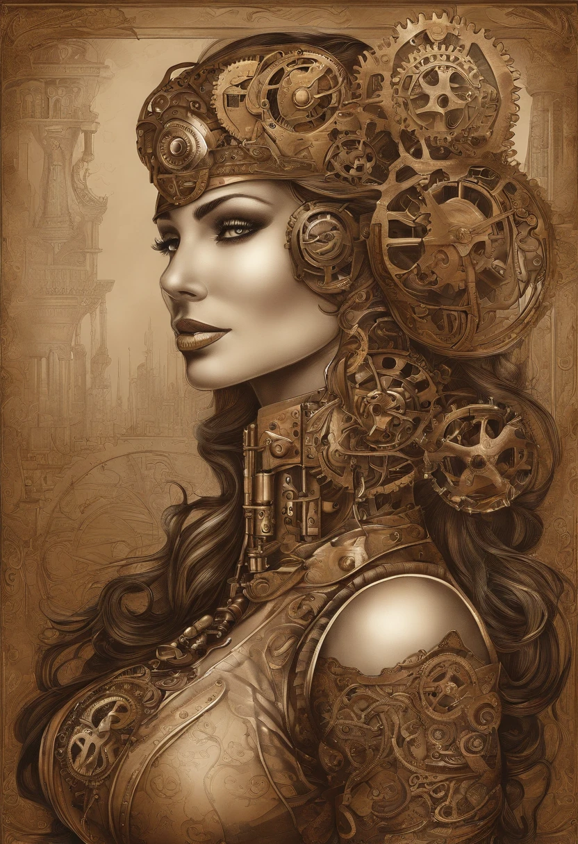 mulher sexy, seios amostra, ((topless)), steampunk, detalhes intricados, realista, steam city, vintage