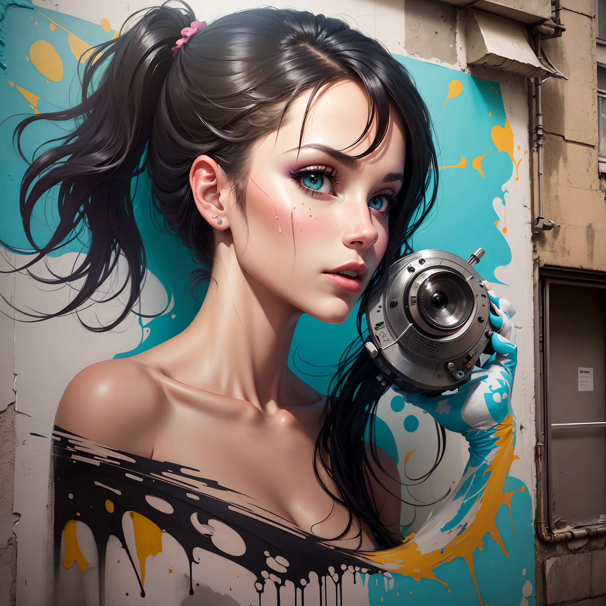 The transformation of a woman into a graffiti painting on a wall --auto --s2