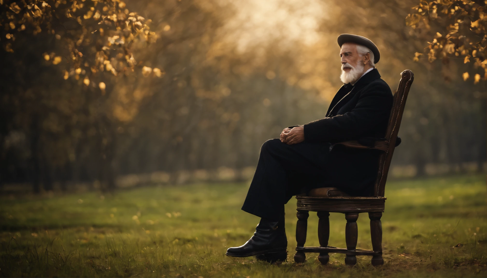Old gentleman with a goatee，sit on chair，Touch the black riding boots with your hands, 8K分辨率,Wallpaper masterpiece，Best quality，Highly meticulous，Ultra high quality，The midday sun is a bit dazzling
