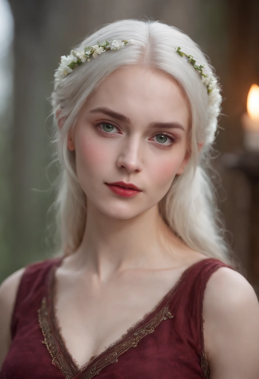 (((a deep reddish wound crosses her left cheek))) fair complexion, woman around 19 years old, natural white hair, distinctive green eyes, wearing kohl, slender and graceful, beautiful, candlelight in a medieval setting, ultra sharp focus, realistic shot, medieval female clothes, tetradic colors (scar:1.4) showing brests pink boobs standing naked show her huge boobs naked