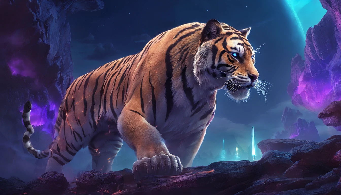Fantasy World Saber-toothed Tiger,Emits blue-violet light,Glow effects,the night,中景 the scene is,Full body like, highly detailed surreal vfx,oc rendered,Shoot with 70 mm - AR
