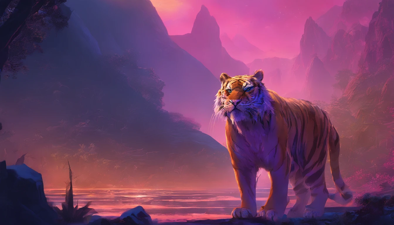 Fantasy World Saber-toothed Tiger，Emits blue-violet light，Glow effects，the night，中景 the scene is，Full body like， highly detailed surreal vfx，oc rendered，Shoot with 70 mm - AR