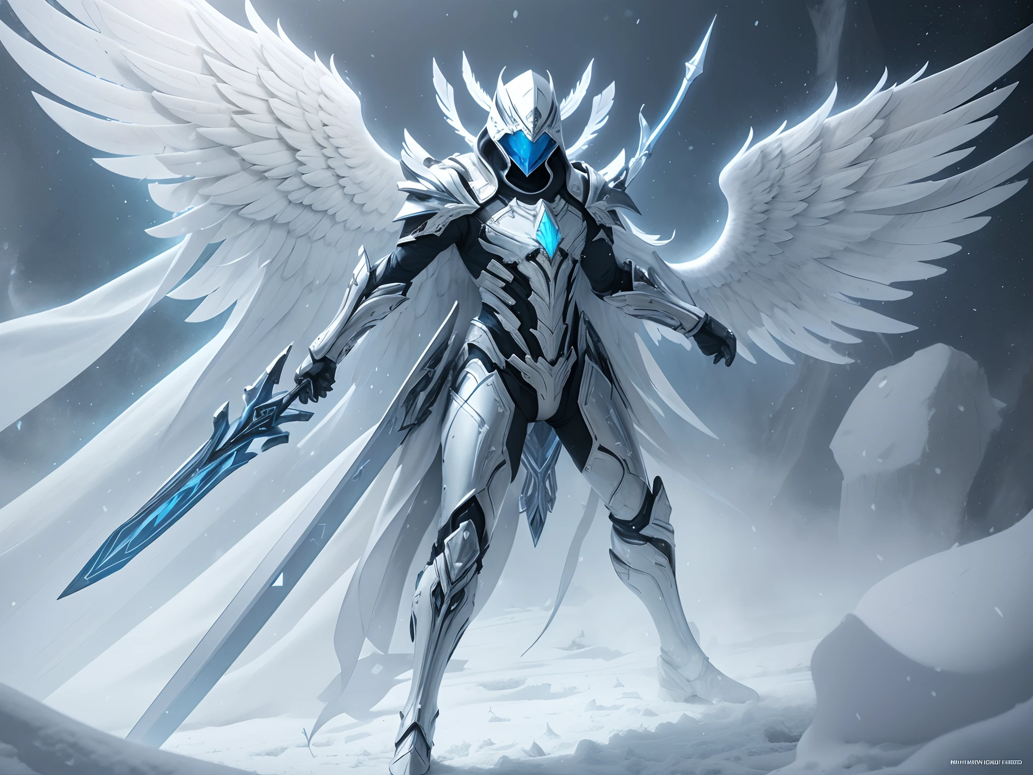 (Archangel Michael in a Warframe style armor with a white sword), (White and blue color scheme with light blue linings), (White armor with blue trim, white Assassin hood, and white feather wings), metallic coating, (snowy silver cathedral background), centered, (full body shot), (dynamic action stance pose), vibrant colors, cinematic shot, volumetric lighting, intricate pattern detail, high definition, highly detailed,--style Raw