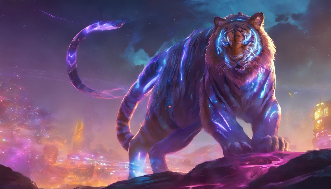 Fantasy World Saber-toothed Tiger,Emits blue-violet light,Glow effects,the night,中景 the scene is,Full body like, highly detailed surreal vfx,oc rendered,Shoot with 70 mm - AR