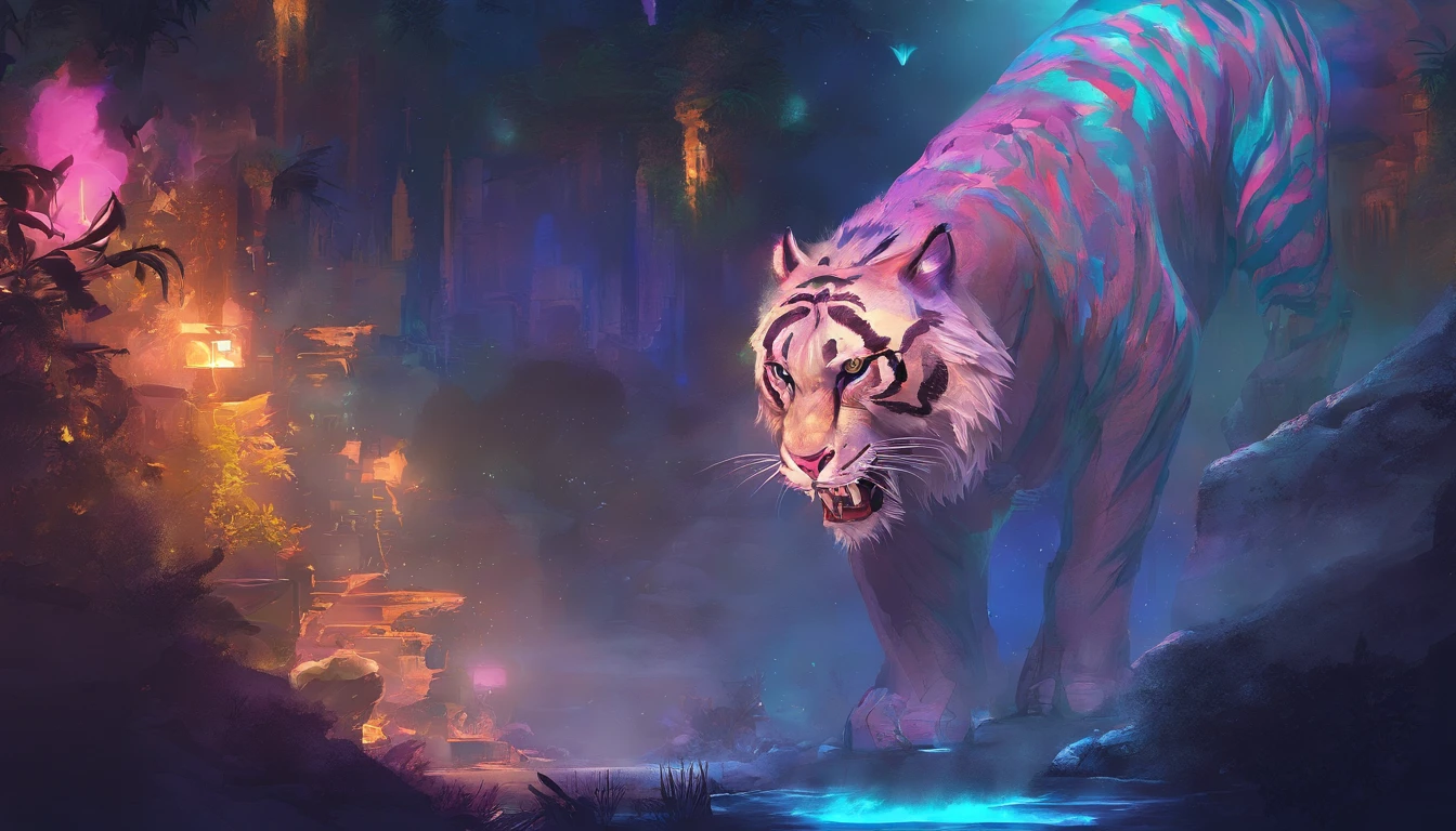 Fantasy World Saber-toothed Tiger,Emits blue-violet light,Glow effects,the night,中景 the scene is,Full body like, highly detailed surreal vfx,oc rendered,Shoot with 70 mm - AR