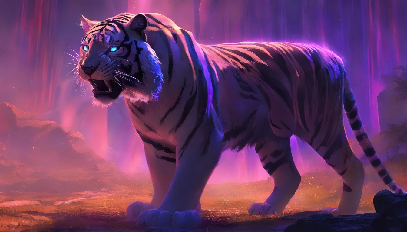 Fantasy World Saber-toothed Tiger,Emits blue-violet light,Glow effects,the night,中景 the scene is,Full body like, highly detailed surreal vfx,oc rendered,Shoot with 70 mm - AR
