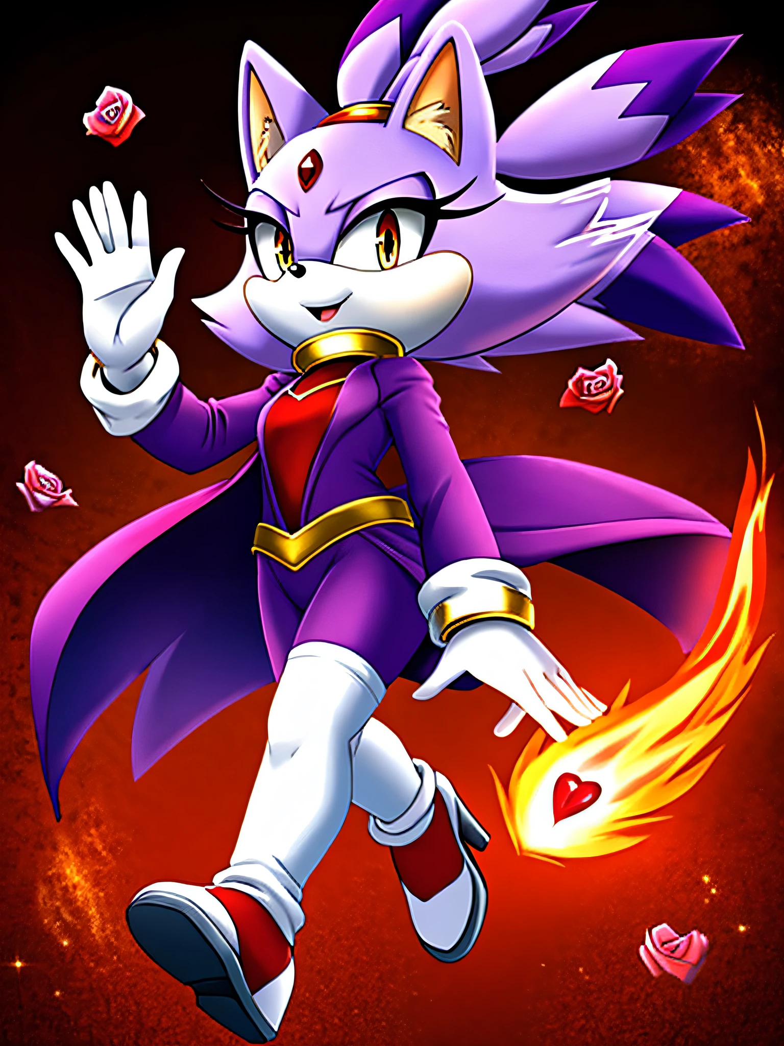 blaze the cat from sonic the hedgehog, a lavender-furred, anthropomorphic medium height female cat with gold eyes, a small black nose, white-furred muzzle, four plumes of hair with violet tips going upwards, Red gem on her forehead, purple tailcoat with rose trim at the bottom, a gold collar, white leggings, white gloves with fluffy cuffs, hot pink high-heeled shoes with white stripes and fluffy cuffs, waving fire magic around with her hands, high quality digital illustration, fiery background