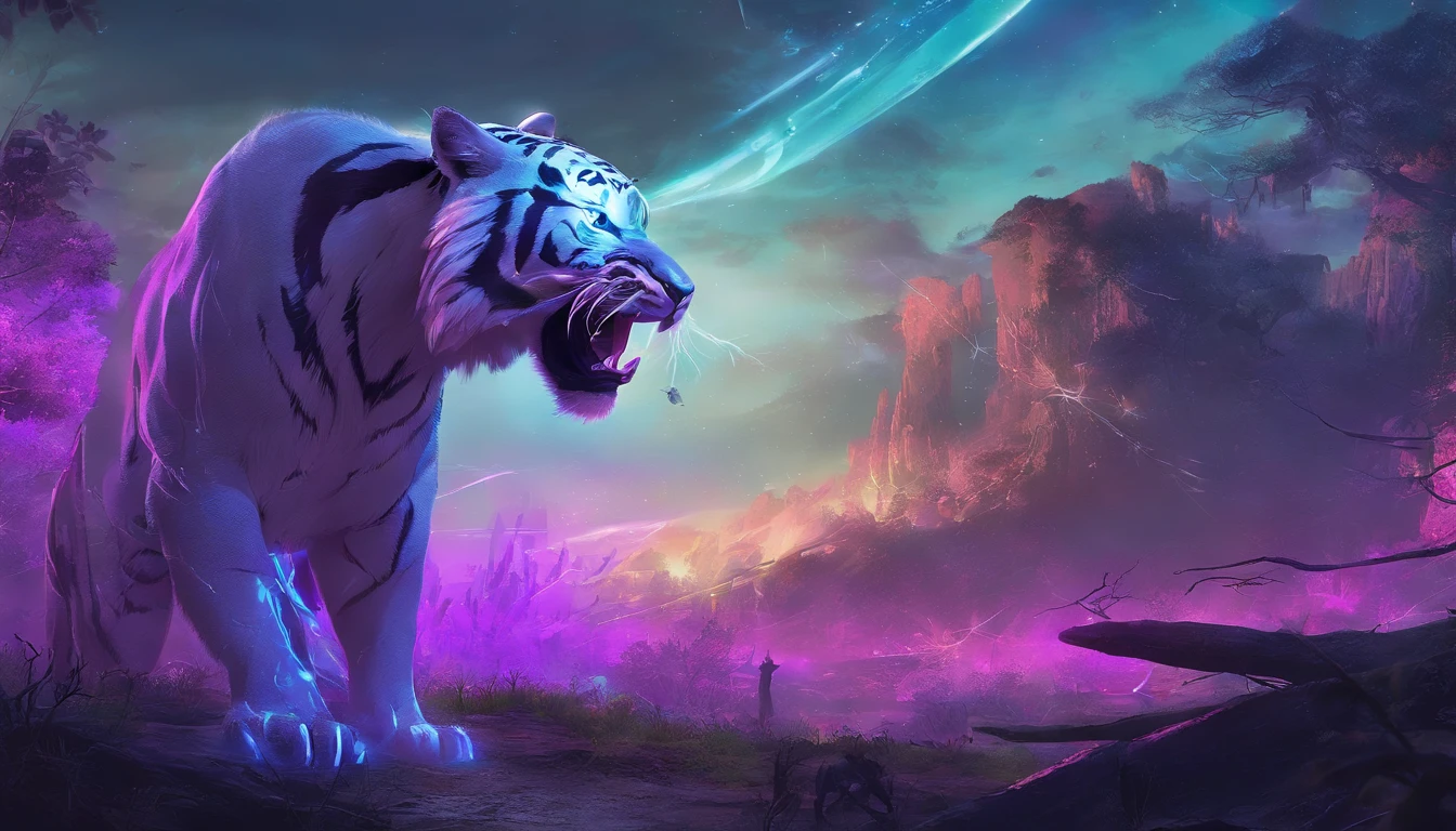 Fantasy World Saber-toothed Tiger,Emits blue-violet light,Glow effects,the night,中景 the scene is,Full body like, highly detailed surreal vfx,oc rendered,Shoot with 70 mm - AR
