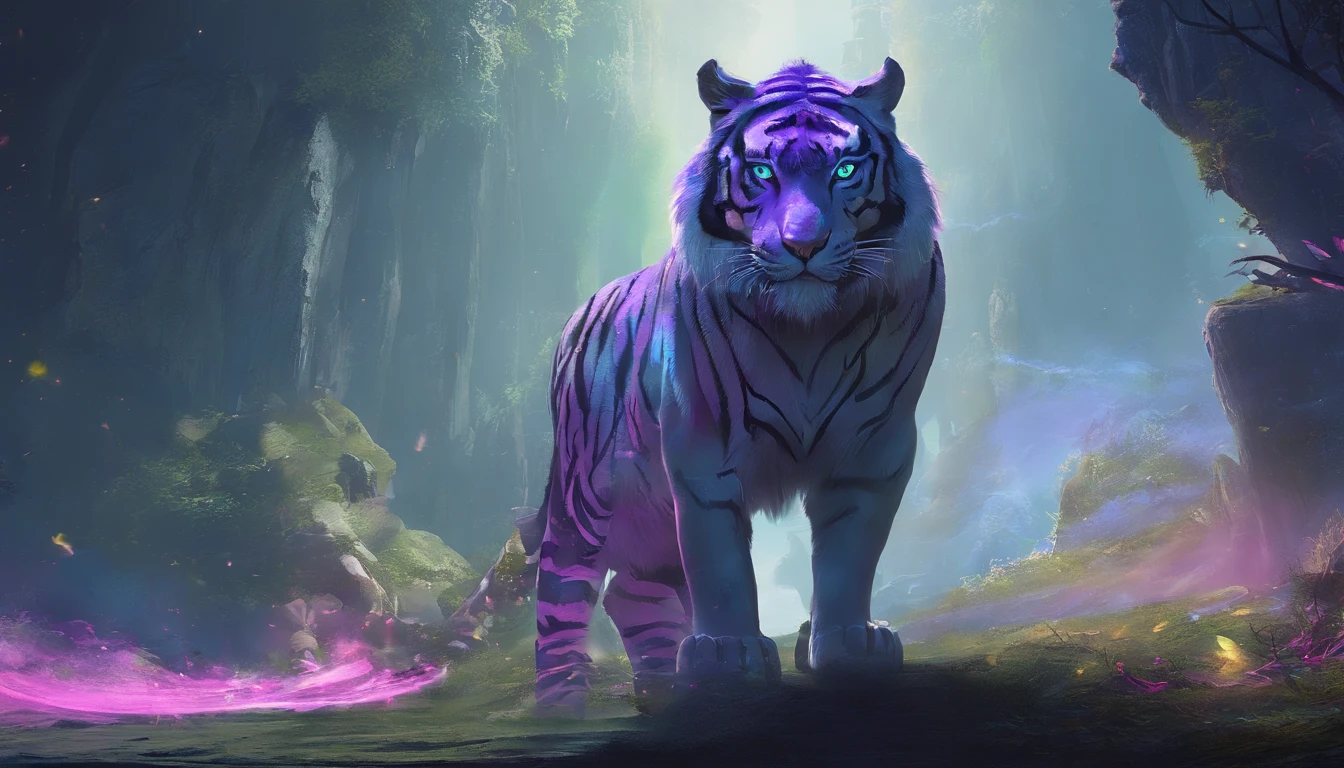 Fantasy World Saber-toothed Tiger,Emits blue-violet light,Glow effects,the night,中景 the scene is,Full body like, highly detailed surreal vfx,oc rendered,Shoot with 70 mm - AR