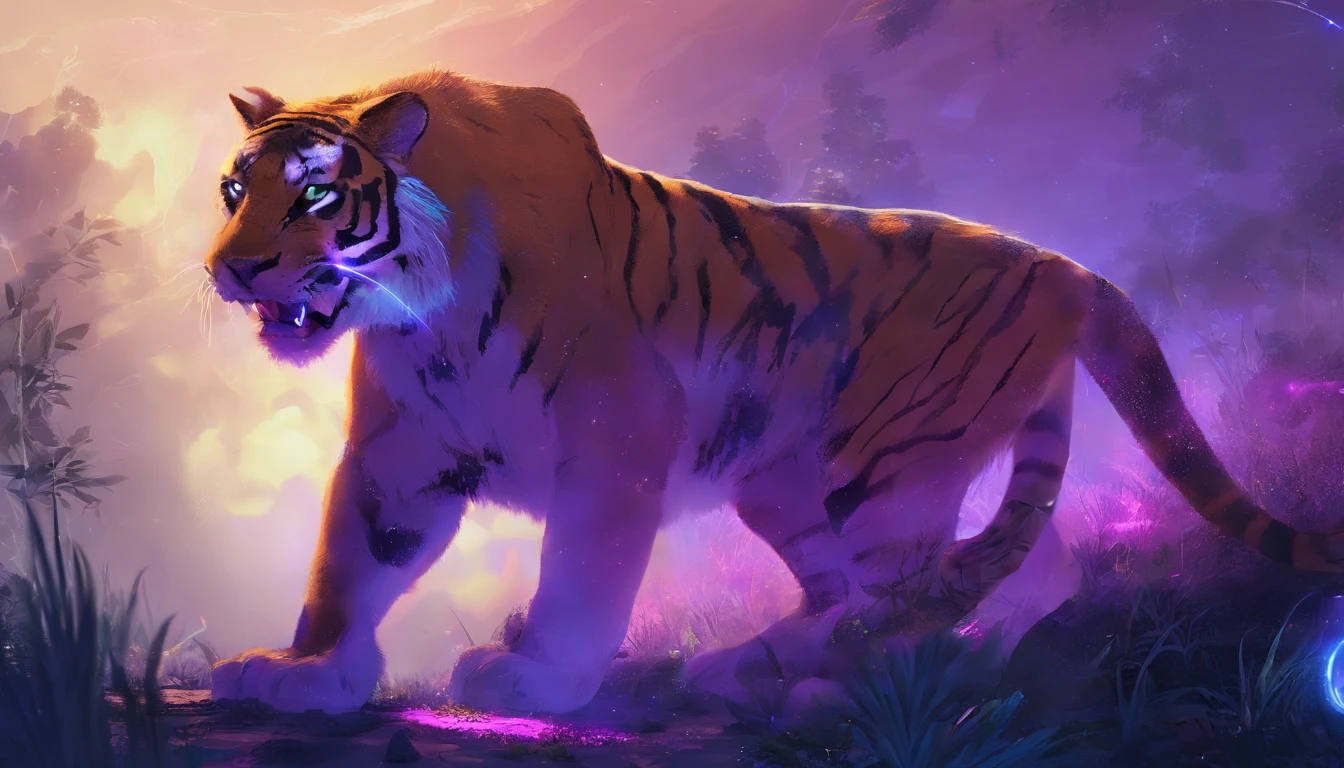 Fantasy World Saber-toothed Tiger,Emits blue-violet light,Glow effects,the night,中景 the scene is,Full body like, highly detailed surreal vfx,oc rendered,Shoot with 70 mm - AR