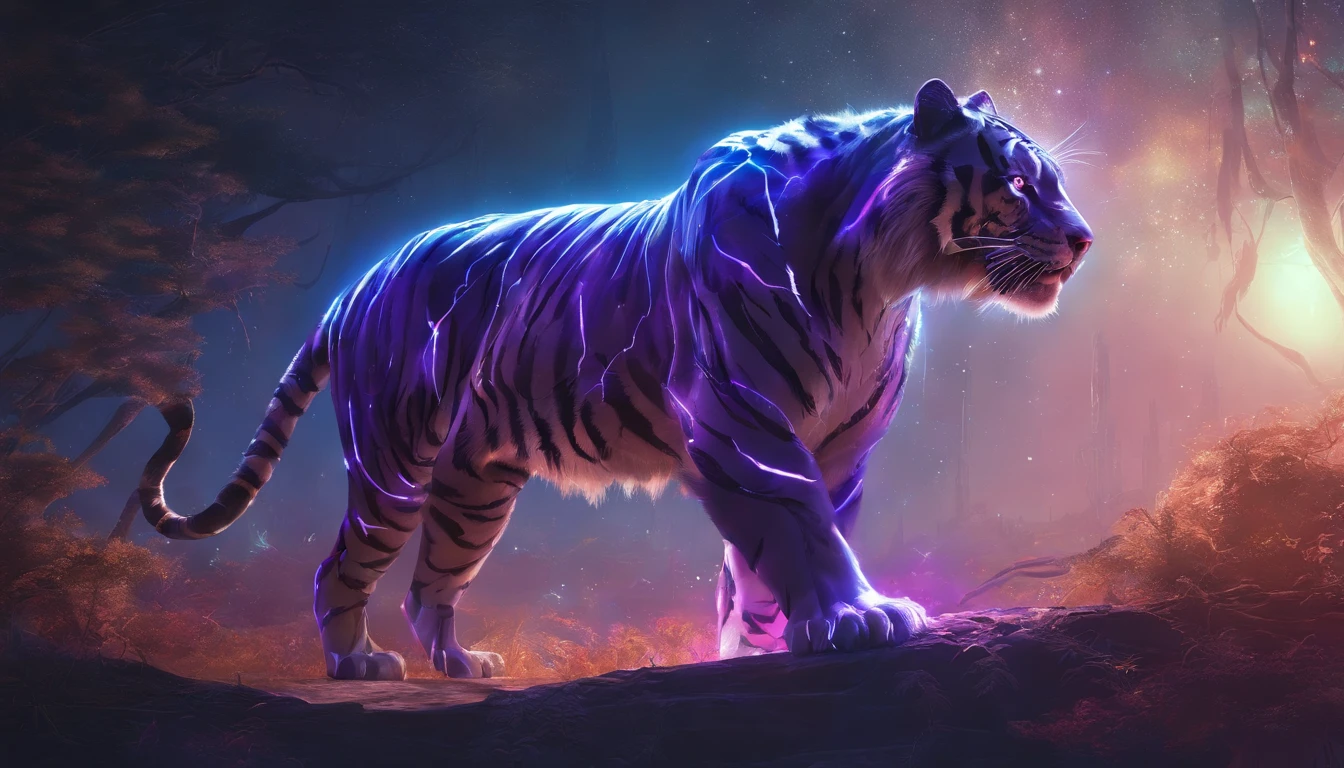 Fantasy World Saber-toothed Tiger,Emits blue-violet light,Glow effects,the night,中景 the scene is,Full body like, highly detailed surreal vfx,oc rendered,Shoot with 70 mm - AR