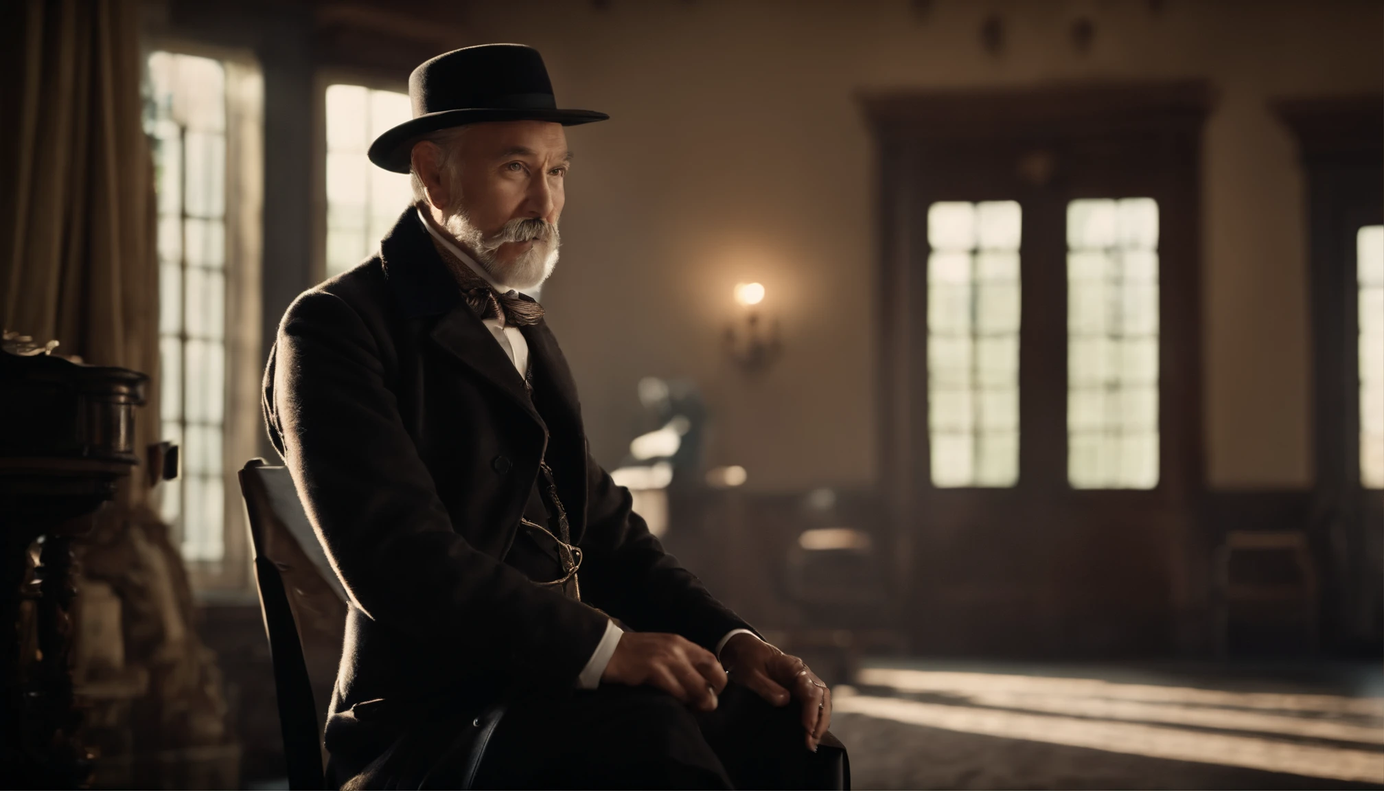 Old gentleman with a goatee,sit on chair,Touch the black riding boots with your hands, 8K分辨率,Wallpaper masterpiece,Best quality,Highly meticulous,Ultra high quality,The midday sun is a bit dazzling