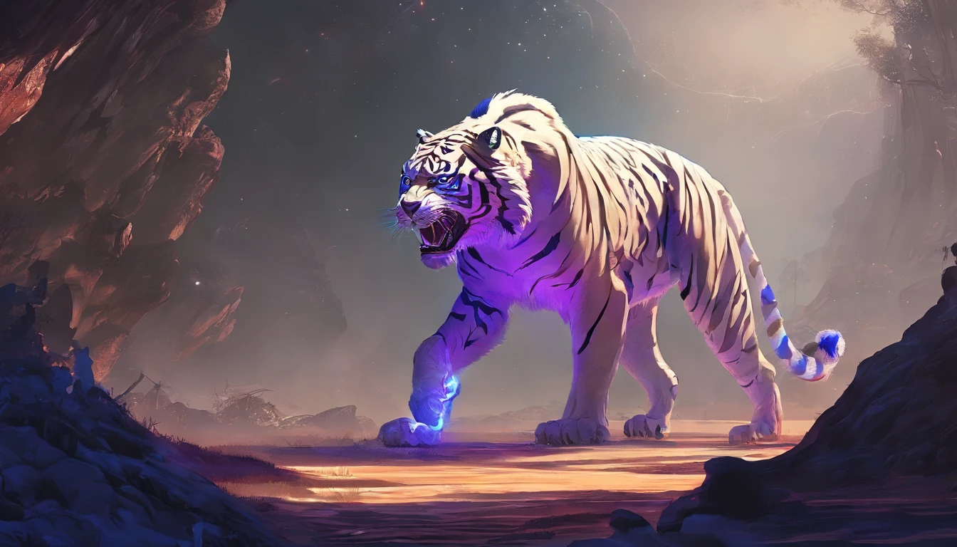 Fantasy World Saber-toothed Tiger，Emits blue-violet light，Glow effects，the night，中景 the scene is，Full body like， highly detailed surreal vfx，oc rendered，Shoot with 70 mm - AR