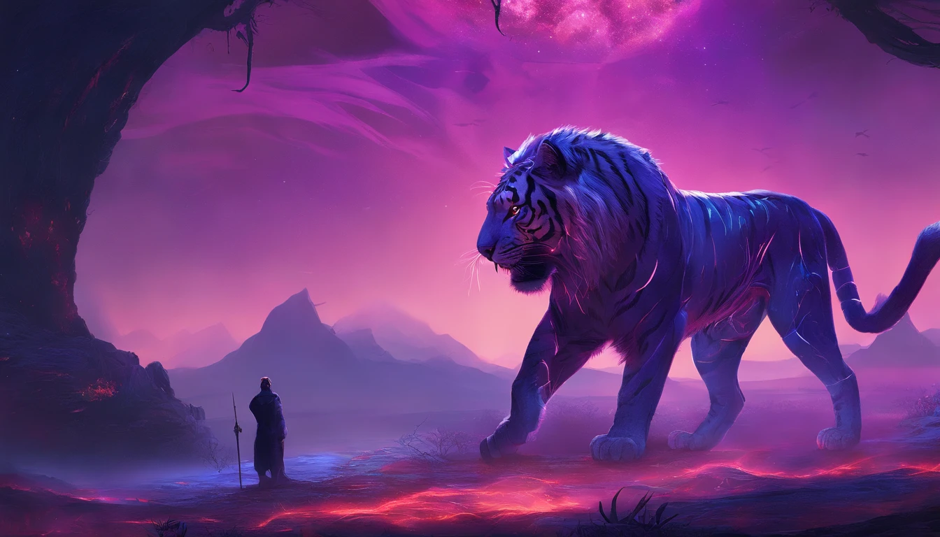 Fantasy World Saber-toothed Tiger,Emits blue-violet light,Glow effects,the night,中景 the scene is,Full body like, highly detailed surreal vfx,oc rendered,Shoot with 70 mm - AR