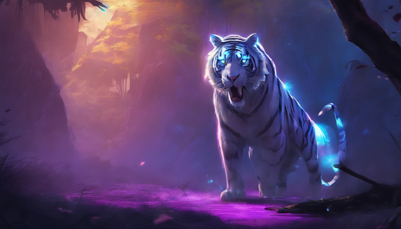 Fantasy World Saber-toothed Tiger，Emits blue-violet light，Glow effects，the night，中景 the scene is，Full body like， highly detailed surreal vfx，oc rendered，Shoot with 70 mm - AR
