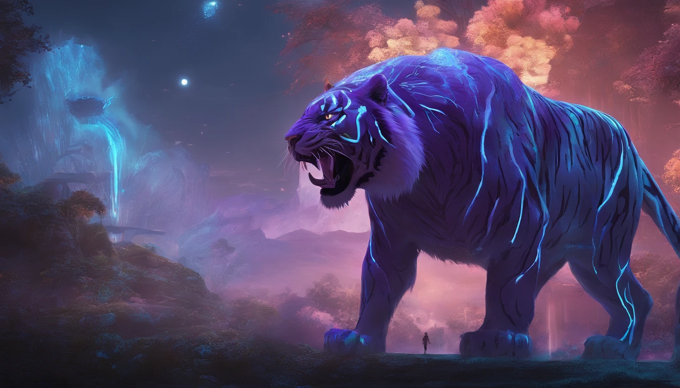 Fantasy World Saber-toothed Tiger,Emits blue-violet light,Glow effects,the night,中景 the scene is,Full body like, highly detailed surreal vfx,oc rendered,Shoot with 70 mm - AR