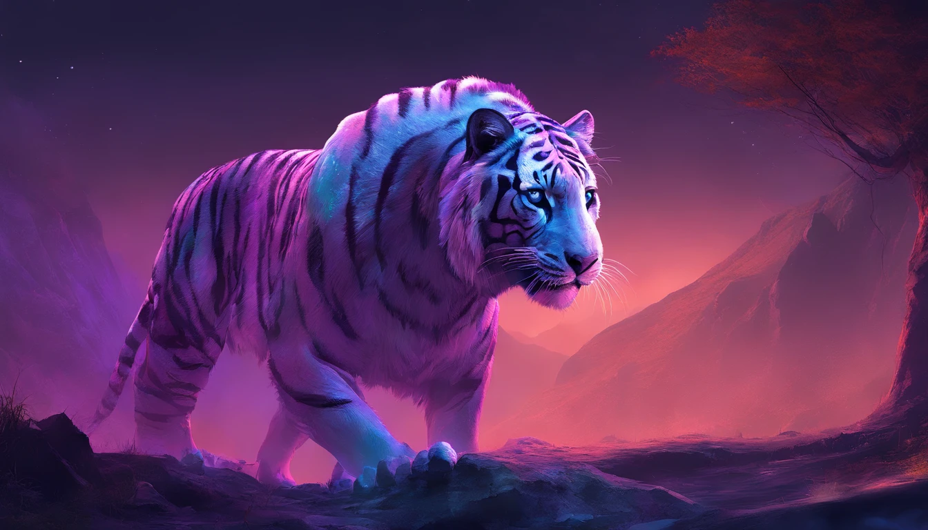 Fantasy World Saber-toothed Tiger，Emits blue-violet light，Glow effects，the night，中景 the scene is，Full body like， highly detailed surreal vfx，oc rendered，Shoot with 70 mm - AR
