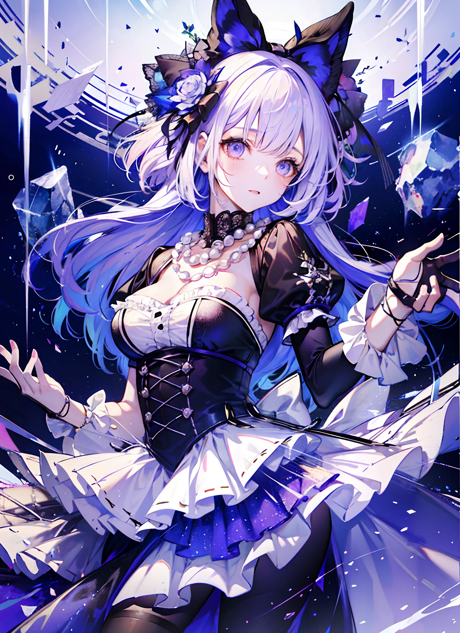 Transparent dress, (transparent material), super gorgeous, extreme multiplication, shiny crystal, cinematic lighting, curly hair, Roman curls, frills, cloudy, alice in wonderland, dramatic composition, extreme detail, high resolution, lolita dress, bow, pearl necklace, lace gloves, bow, ribbon, floating, levitating, flying, misty, dotted, dreamy, (transparent fabric), layered yarn, ((transparent gauze skirt)))