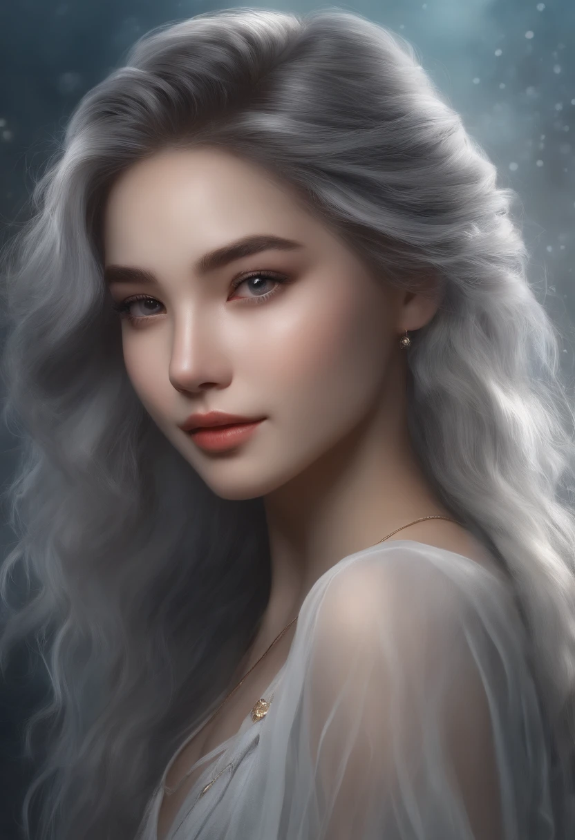 Shiotsu people,atlantean,teens girl,Silver-gray gradient - waist-length hair,Gentility,Smile,Water mist eyes,Two-dimensional classic painting style