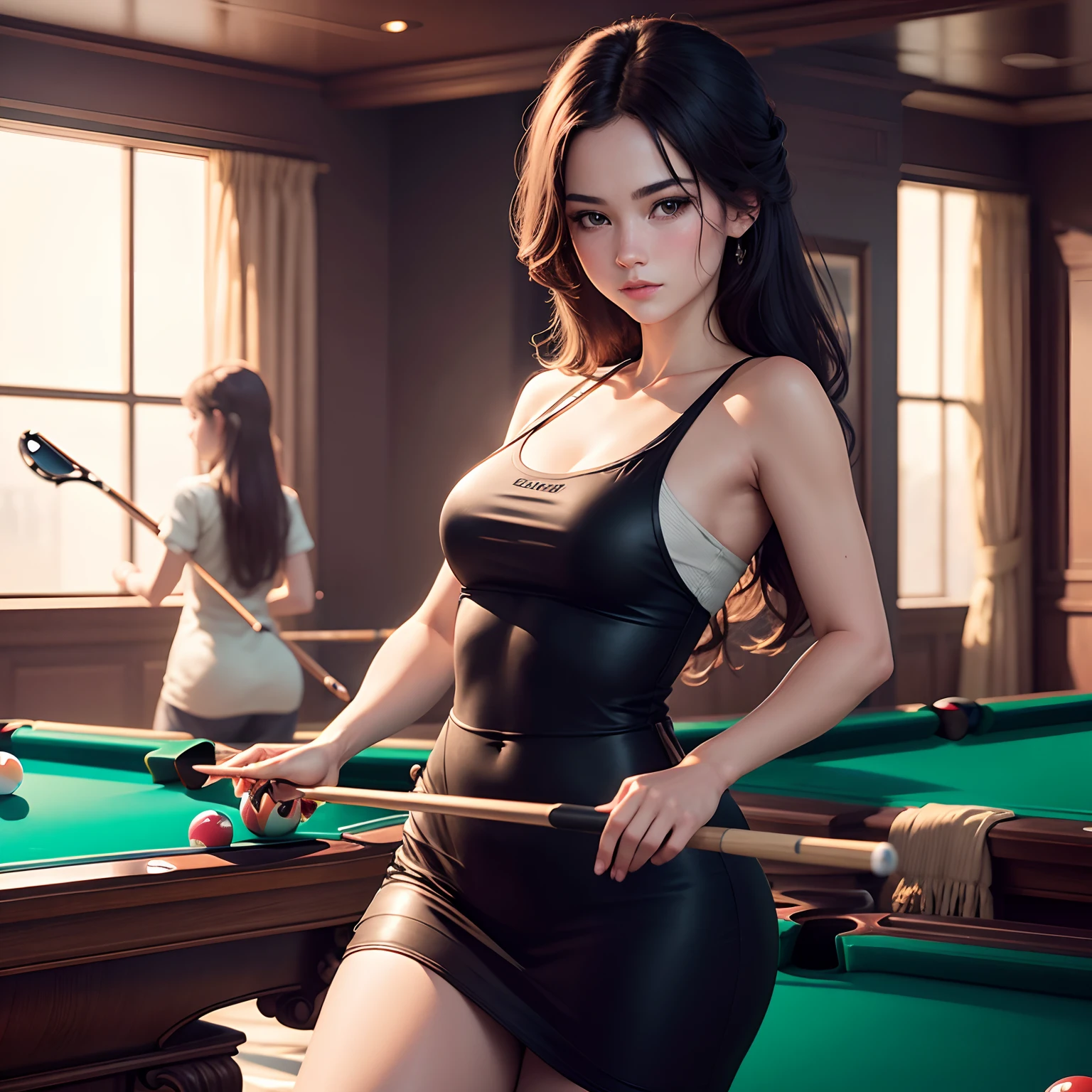 Best Quality, masutepiece,  High resolution, (Photorealistic:1.4), Raw photo, 1 beautiful girl ,Female billiards players , small head,Large breasts,nice legs, Glowing skin, Wet skin,Sweat, lightsmile,At the pool hall,(Detailed beautiful face:1.4),detailed skins,Detailed eyes,detailed hairs,Cool,Beautiful,