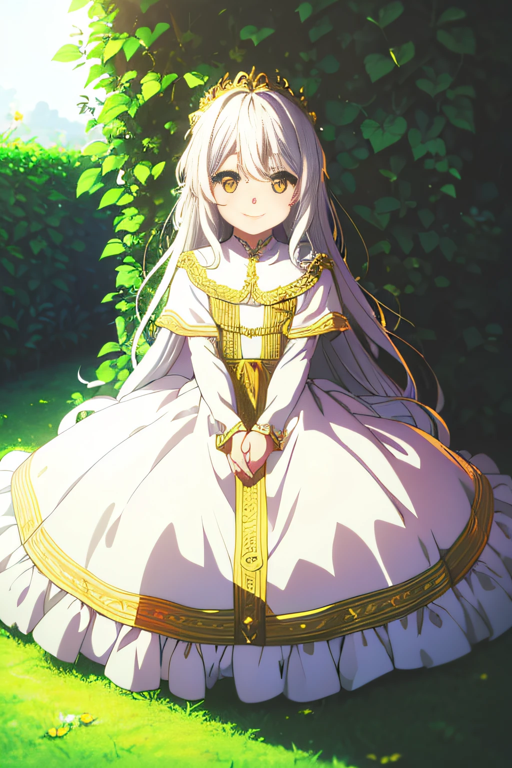 masterpiece, best quality,detailed skin,detailed face,fantasy,colorful,looking at viewer,solo,1girl,(child),smile,long straight hair,(golden eyes),(white hair),Eyes like jewels,Classic long dress,white dress,sun,garden，animate